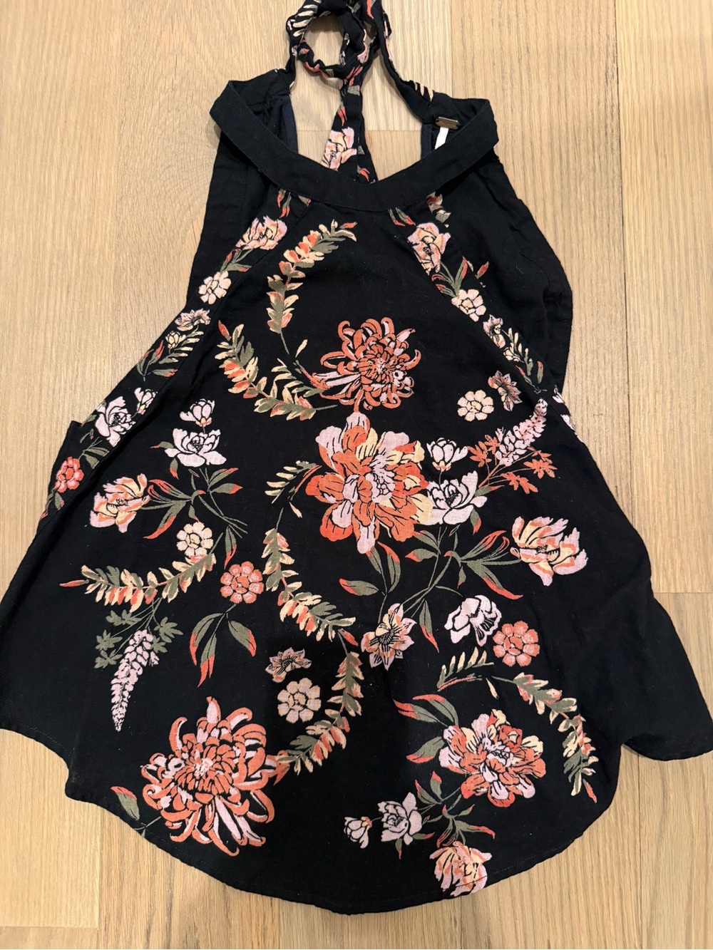 Free People Black Floral Halter Dress with Pink and Coral Blooms
